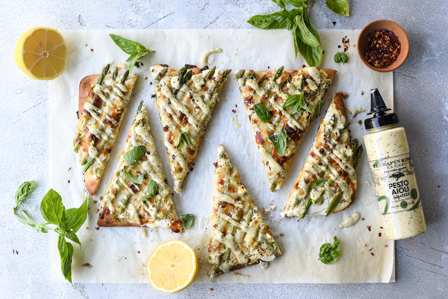 Asparagus Flatbread with Terrapin Ridge Farms Pesto Aioli Asparagus Flatbread with Terrapin Ridge Farms Pesto Aioli